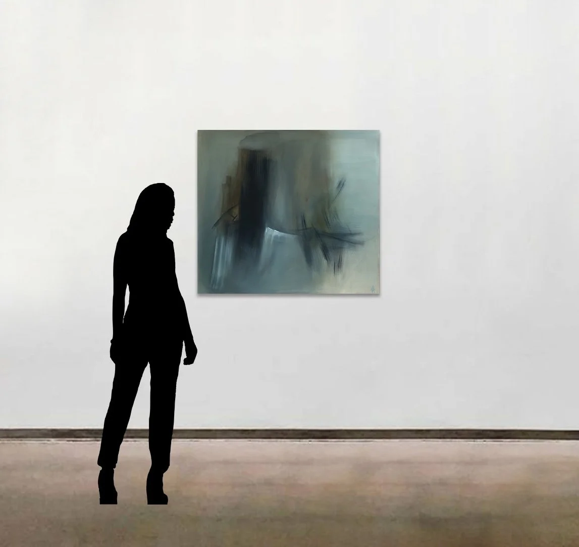 Amy Kirchner’s abstract painting with acrylics, 'Prairie', shown here to scale alongside a six foot tall figure.