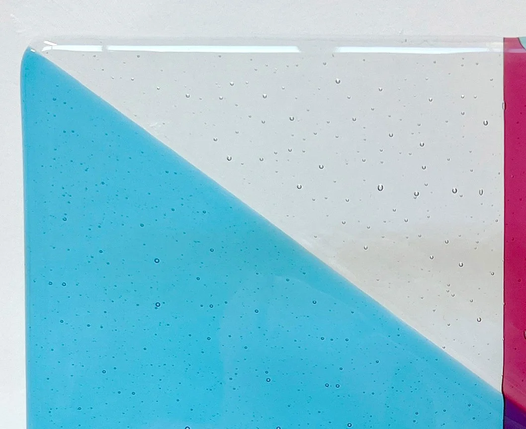 An upper left detail image of Fiona Grady’s handcut and fused glass panel work, 'Intersection III'.