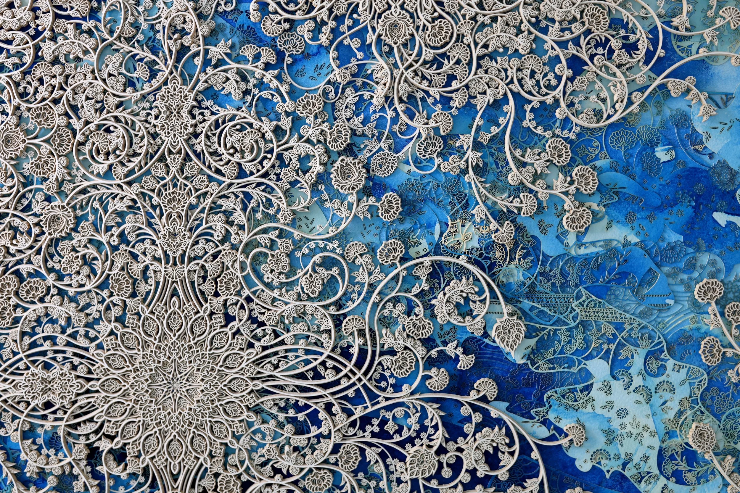 A detail image of Julia Ibbini’s layered paper work, 'Ornamental Mixtapes (Wildflowers)'.