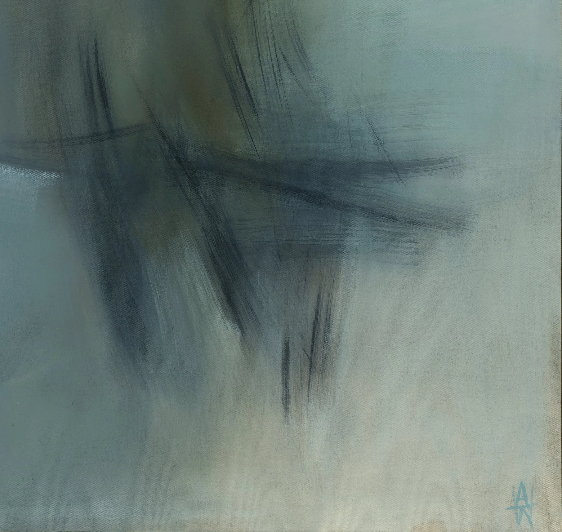 A lower right detail image of Amy Kirchner’s 2025 acrylic on canvas work, 'Prairie'. The artist’s initials may be seen at bottom right.