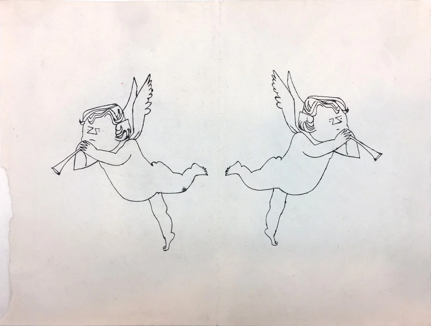 Andy Warhol’s original ink drawing, 'Angels with Trumpets', dated circa 1954, shown here unframed.