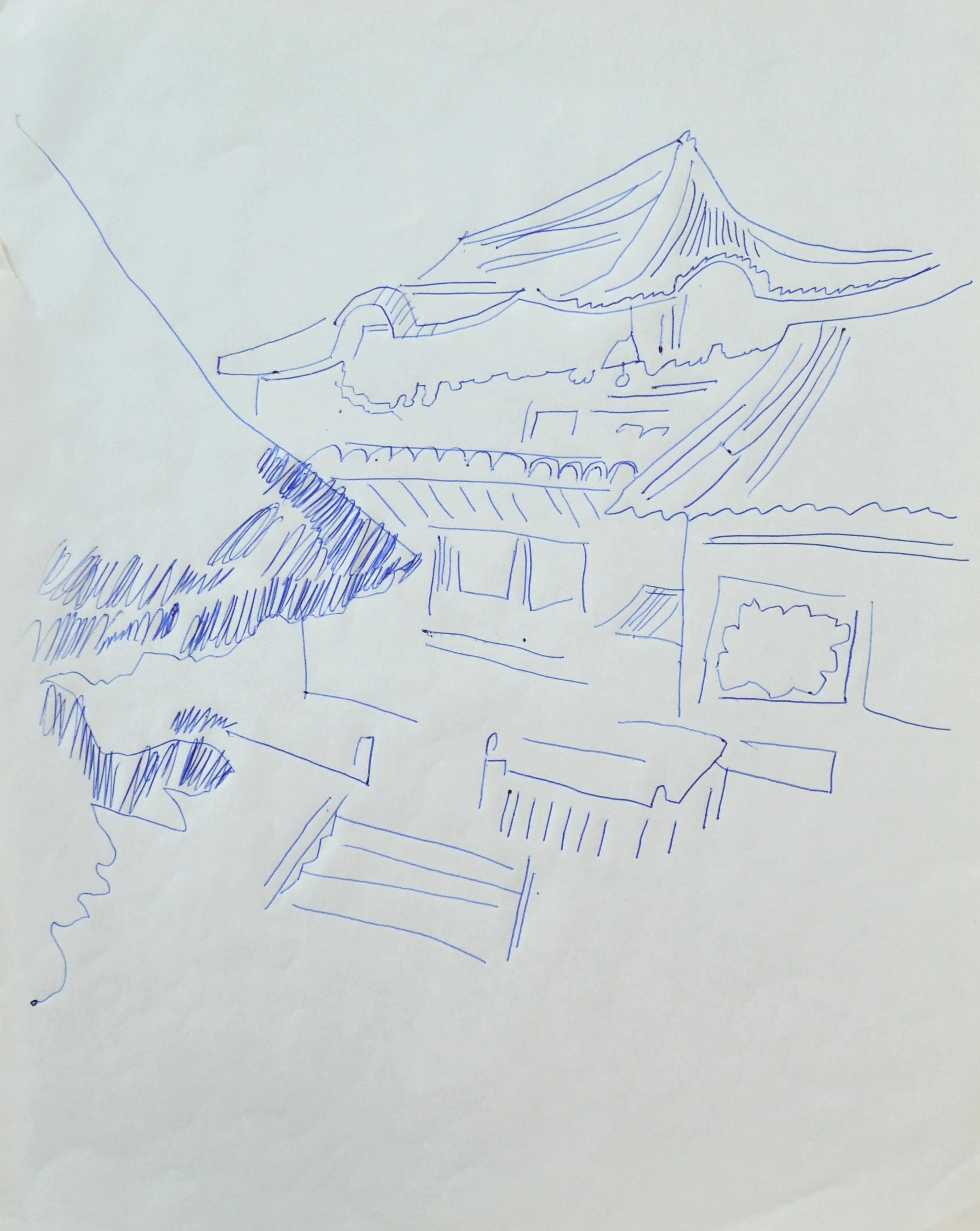 Andy Warhol’s original blue ballpoint pen on paper drawing, 'Temple', shown here unframed.