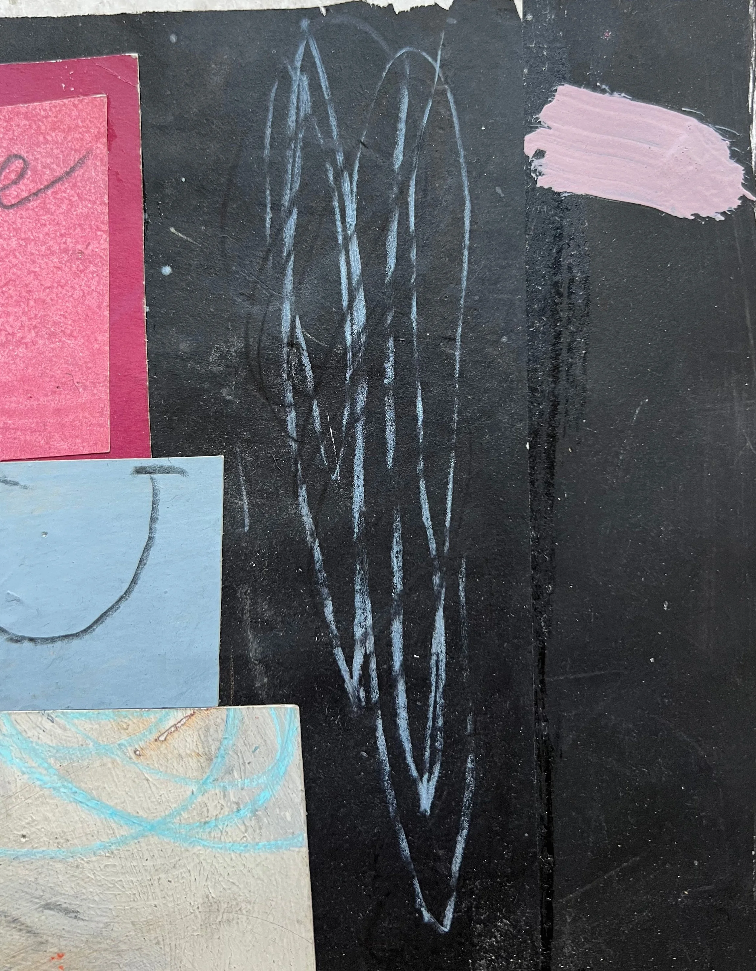 An upper right detail image of David Spiller’s acrylic and colored pencil on collage work, ‘Love You’, shown here unframed.