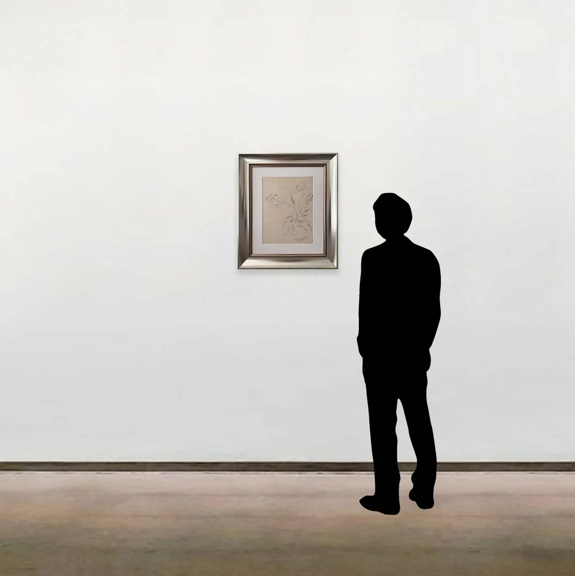 Andy Warhol’s original blue ballpoint pen drawing, 'Flowers', dated circa 1954, shown framed and photoshopped alongside a six-foot figure for scale.