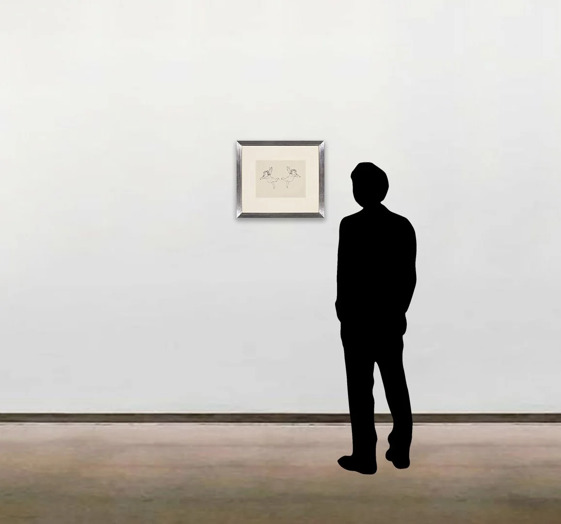 Andy Warhol’s original ink drawing, 'Angels with Trumpets', dated circa 1954, shown framed and photoshopped alongside a six-foot figure for scale.