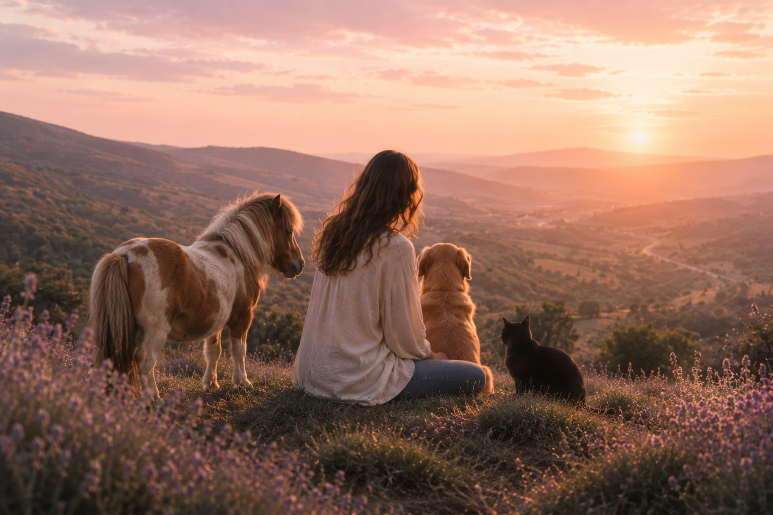 Person with a horse, dog, and cat during a time of change