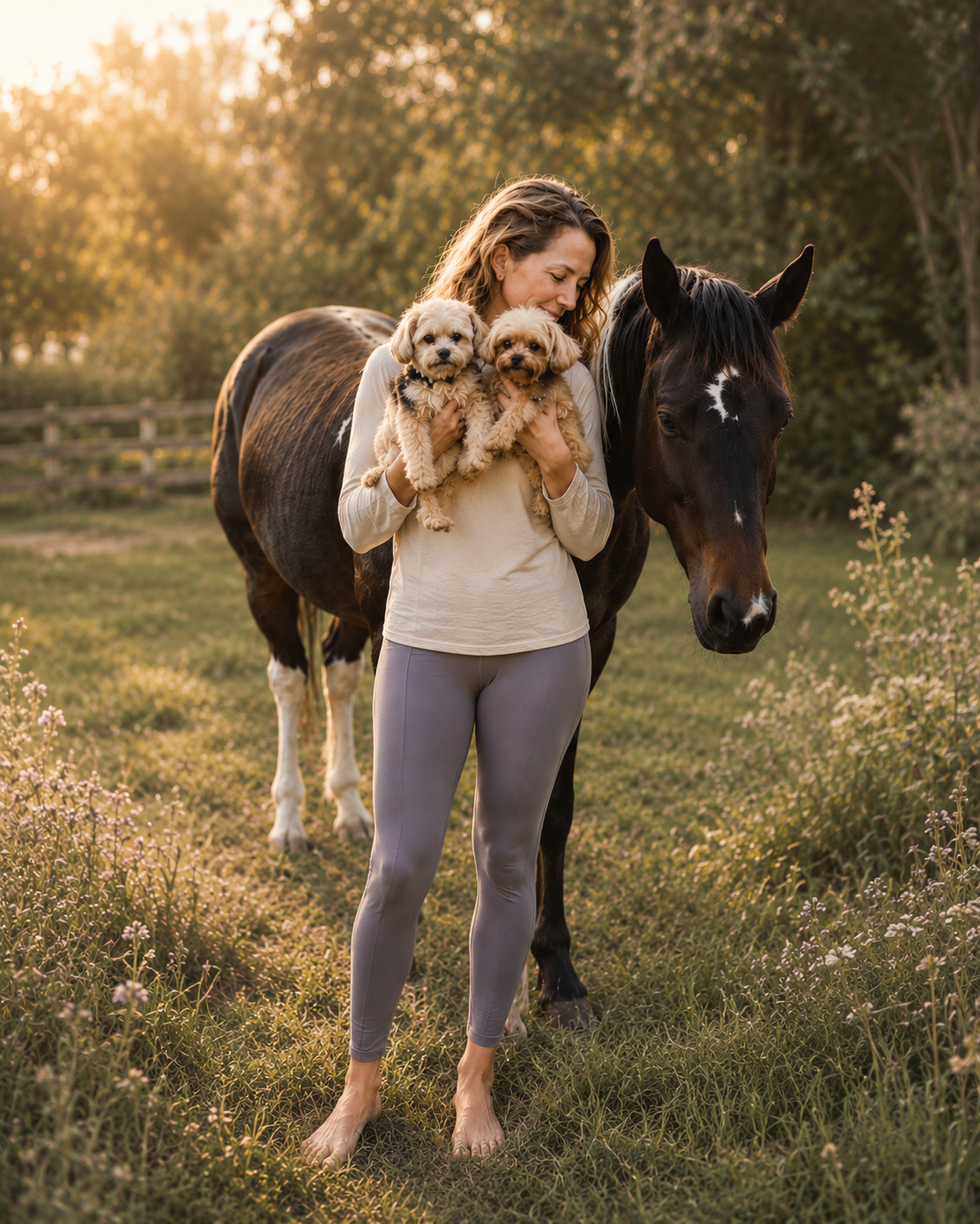 Veronica Gluecksmann with her dogs Maika and Sebastian and horse Sunflower Honey