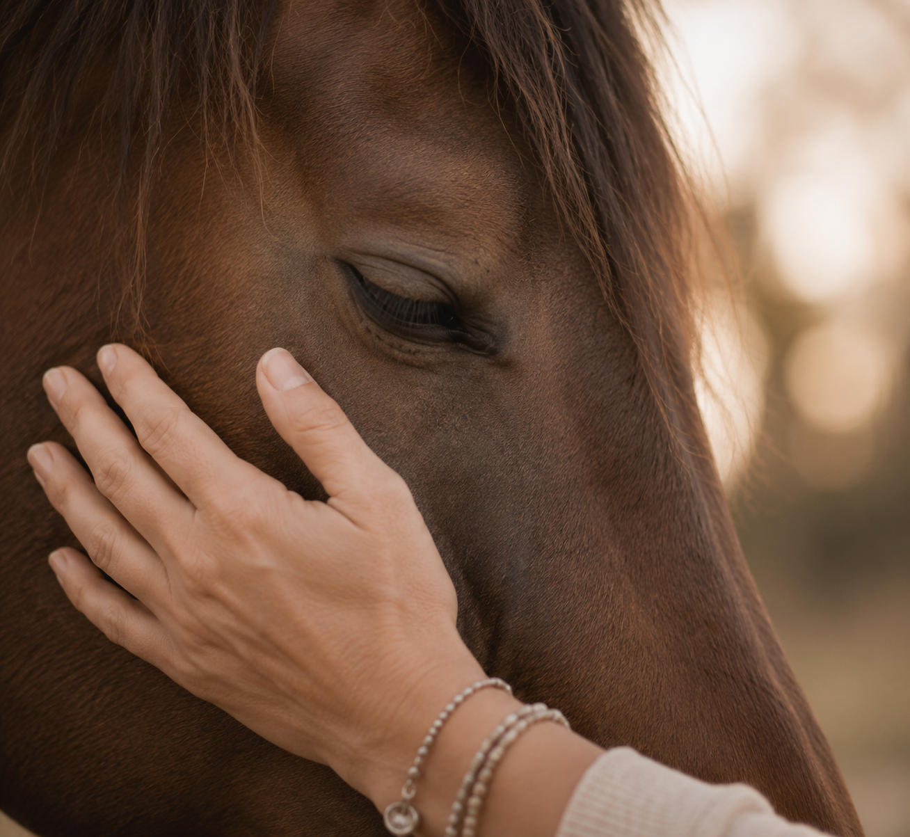 Person gently touching a horse during Trust Technique® work