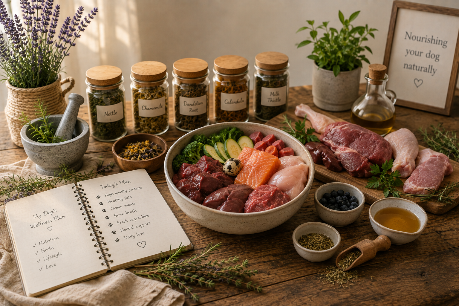 Fresh species-appropriate dog nutrition and herbs supporting optimal canine health and longevity.