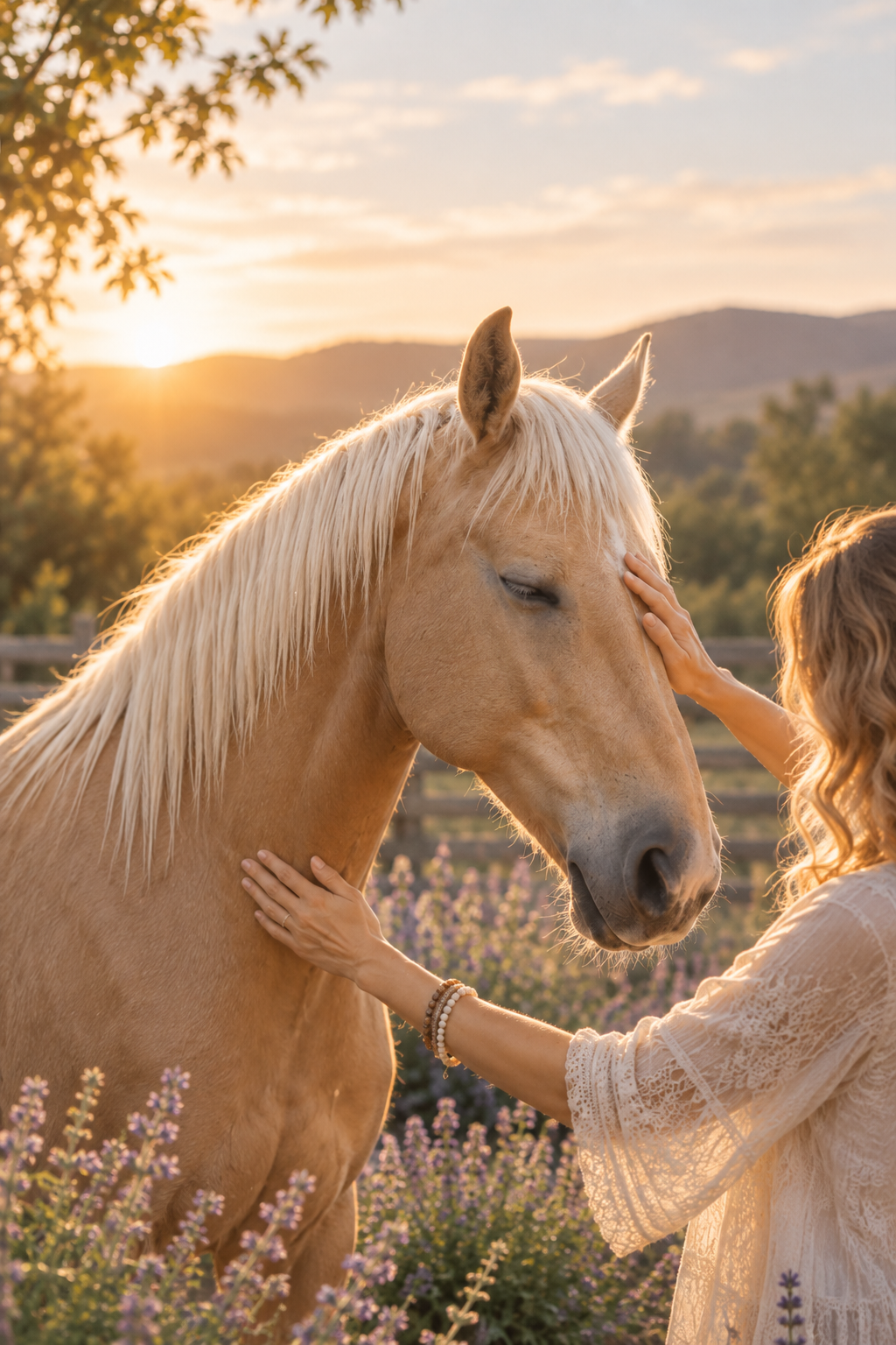Horse receiving Reiki balancing energy in sunlit pasture