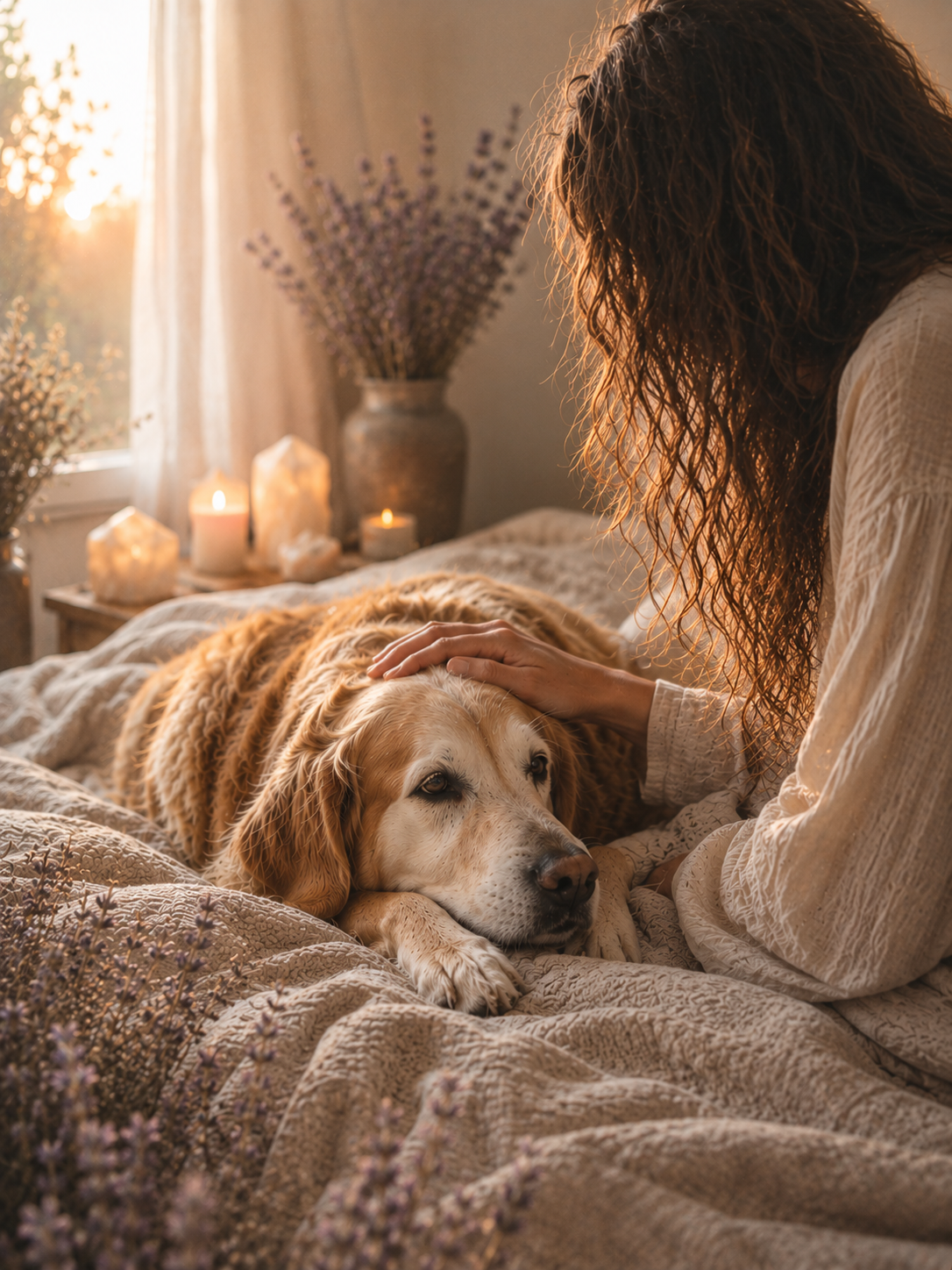 Woman gently caring for her dog during an end-of-life transition