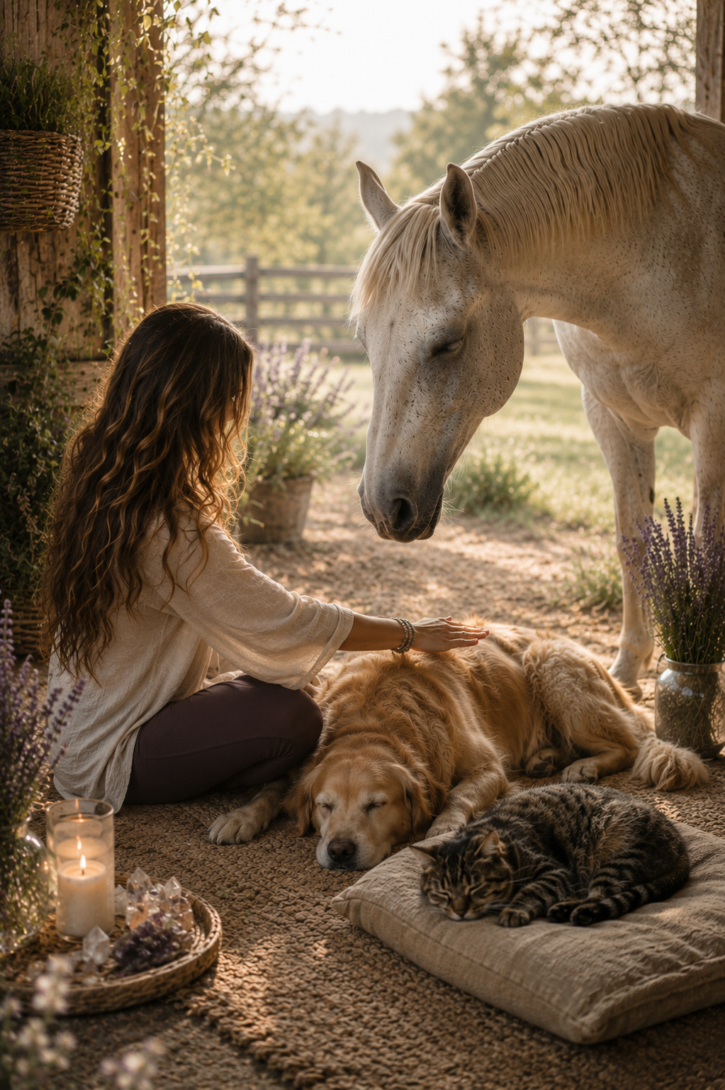 Horse, dog, and cat experiencing Animal Reiki in a peaceful setting