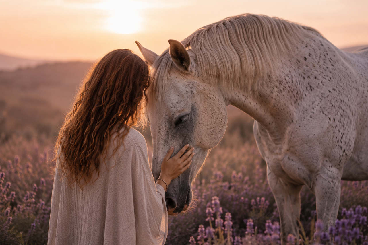 Woman connecting with a horse during animal telepathic communication