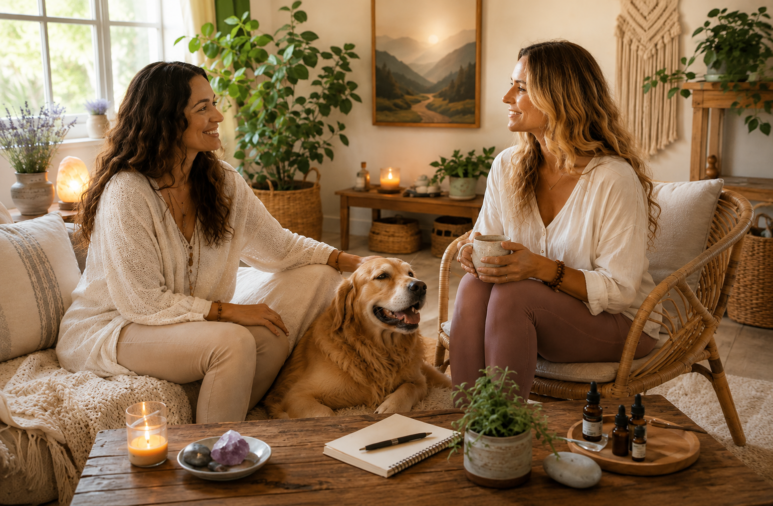 Woman and holistic wellness practitioner Veronica Gluecksmann sitting with a dog