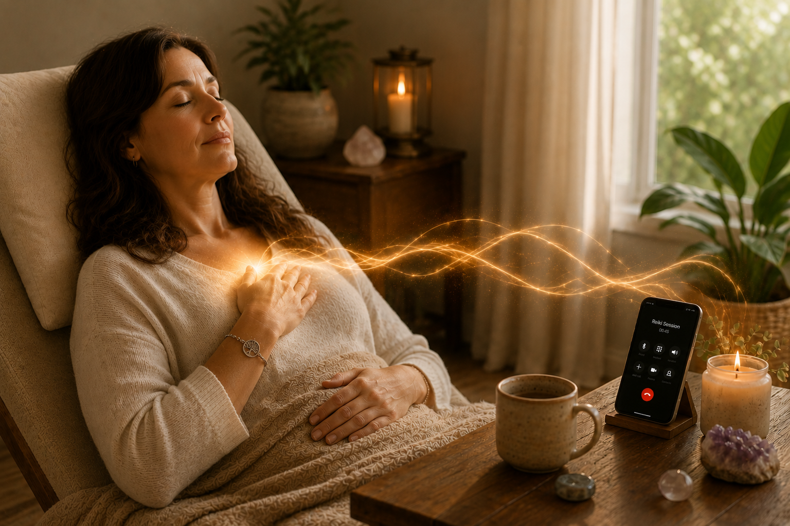 Person receiving Reiki remotely in a peaceful setting
