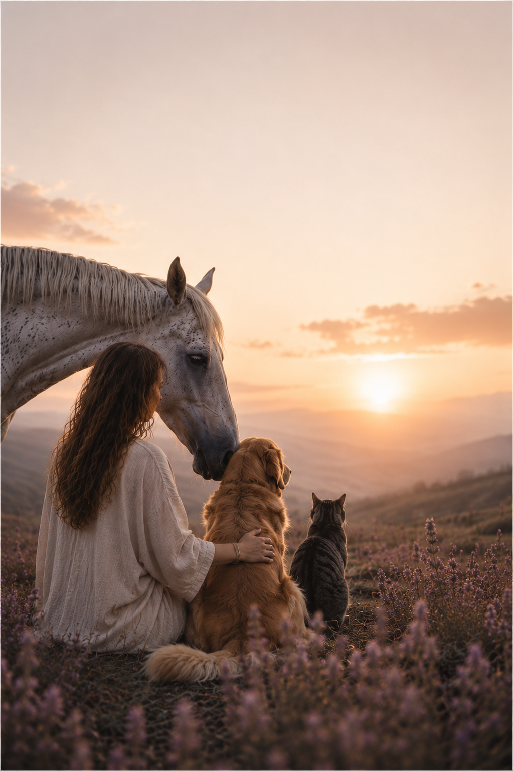 Animal telepathic communication between a person, horse, dog, and cat