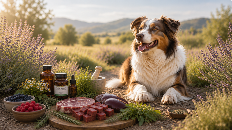 Holistic dog nutrition and natural wellness support with wholesome food, herbs, and healthy treats