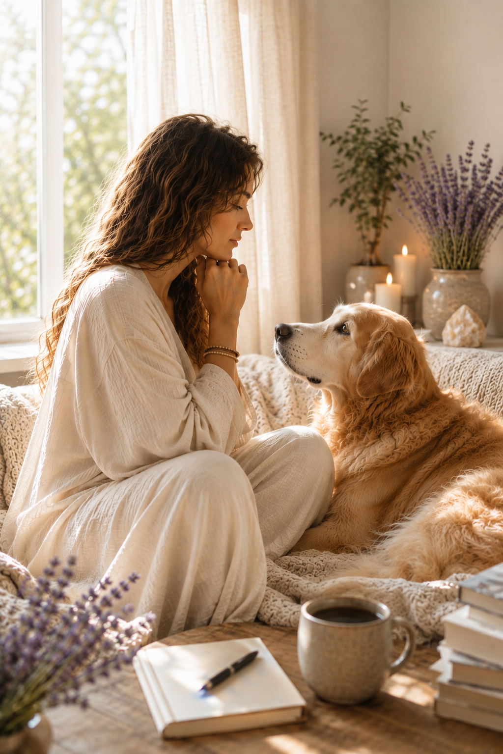 Woman connecting with her dog during an animal communication session
