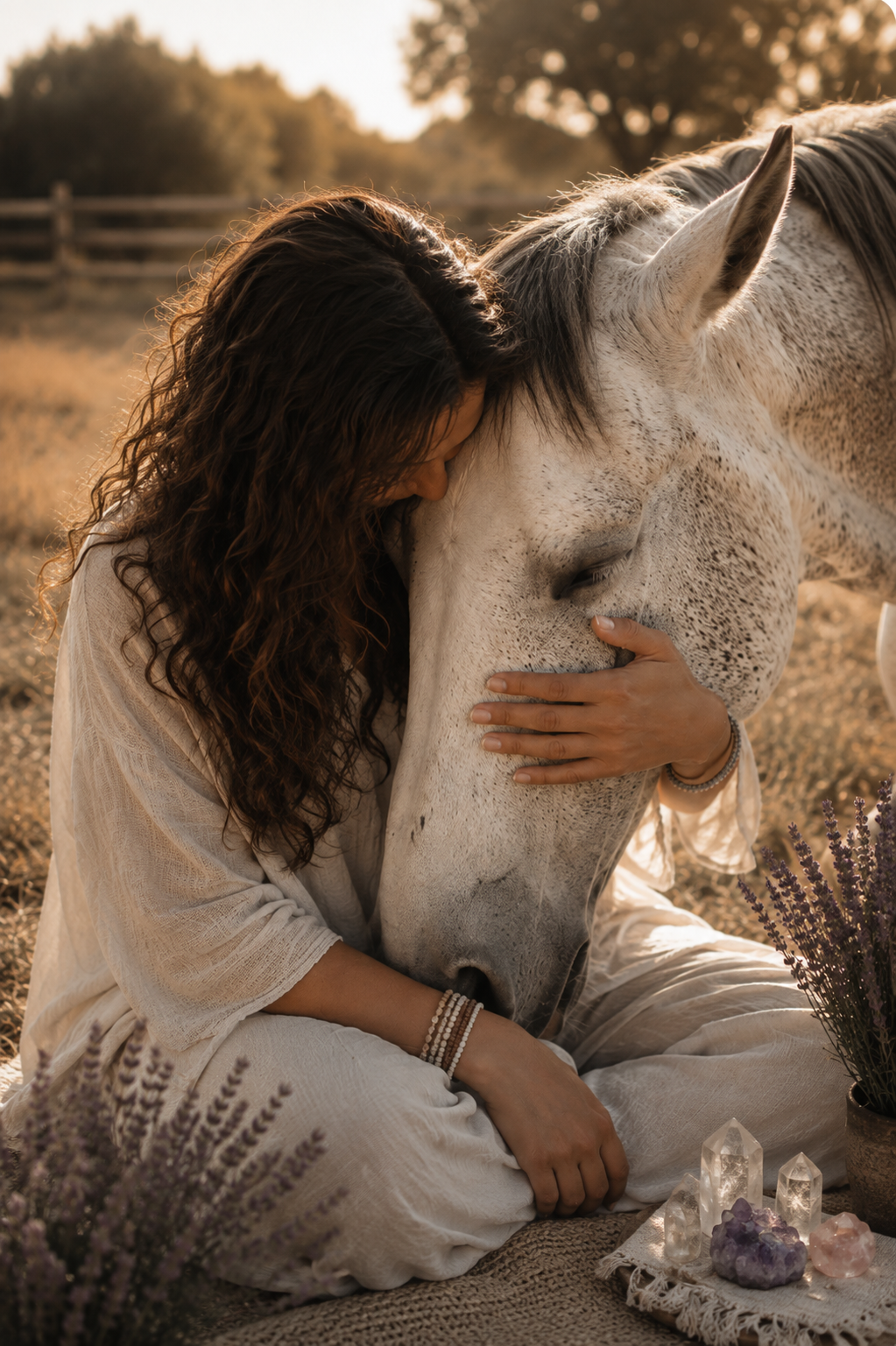 Woman embracing her horse during a moment of deep connection