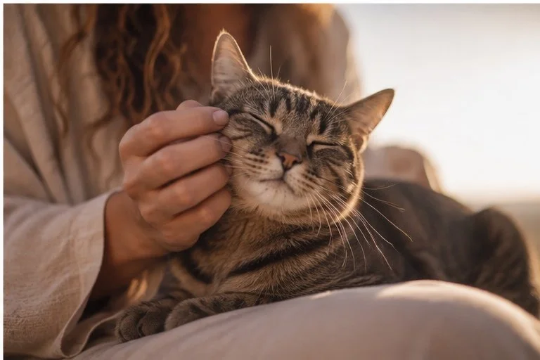 Person connecting with a cat through animal telepathic communication