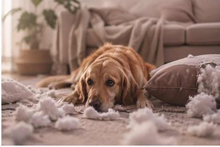 Dog surrounded by torn pillows while exploring the reasons behind a behavior