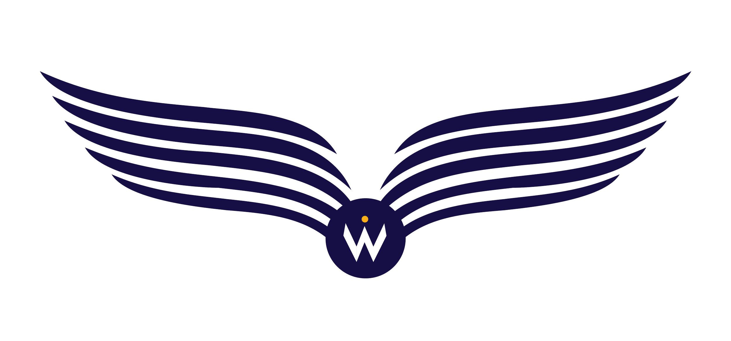 A logo featuring stylized dark blue wings spread out symmetrically with a white 'W' and an orange circle at the center.