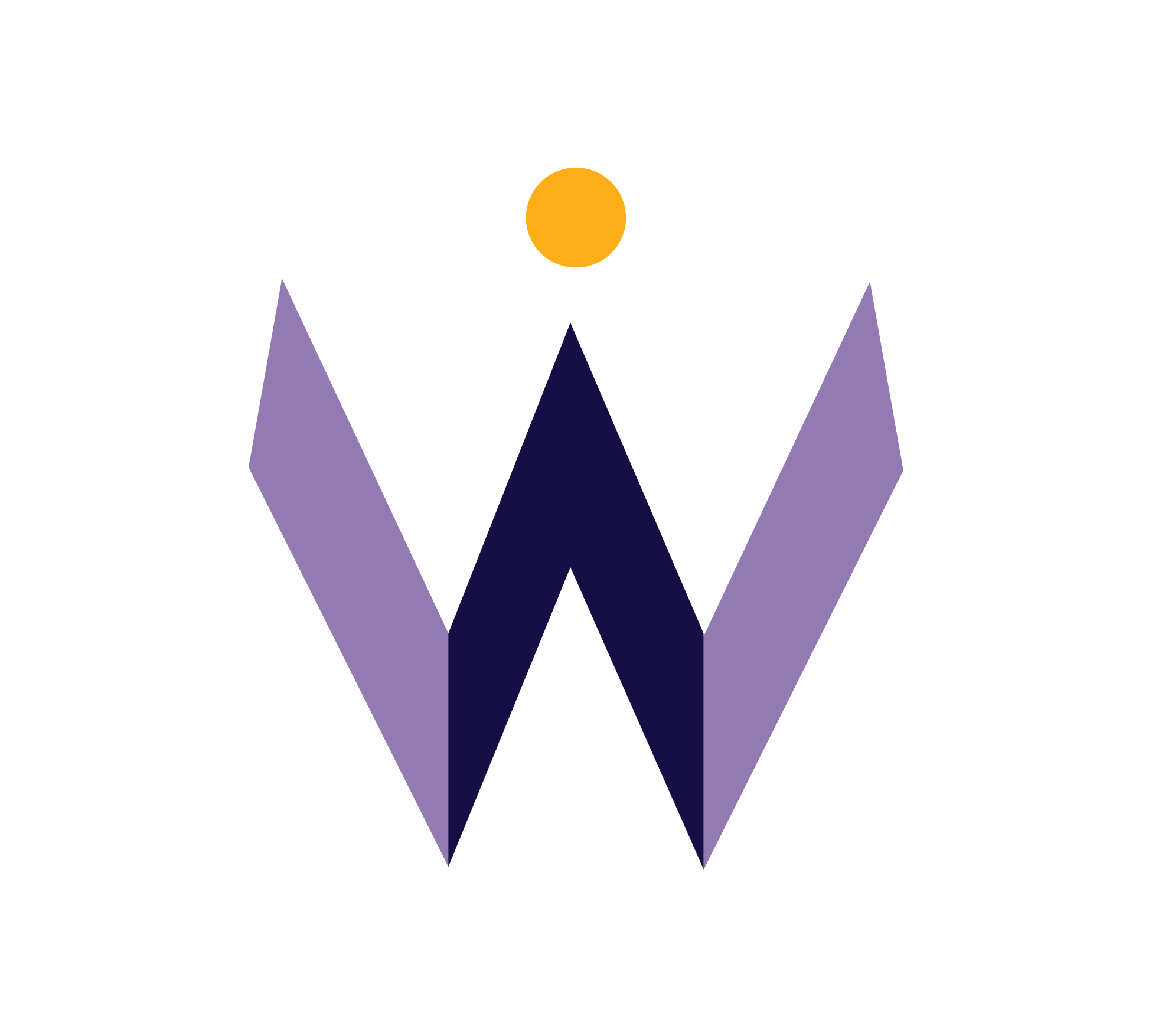 Stylized geometric crown logo with purple and navy blue colors on a black background.