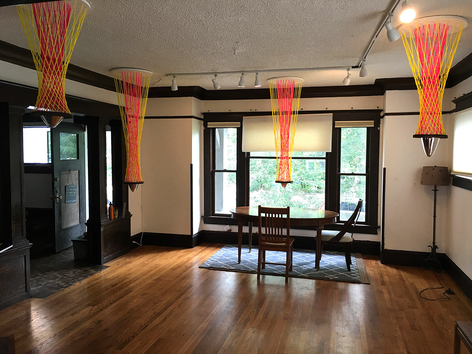   Points of View (living room) , paracord, blown glass, and wood, various sizes Installation, 2019 