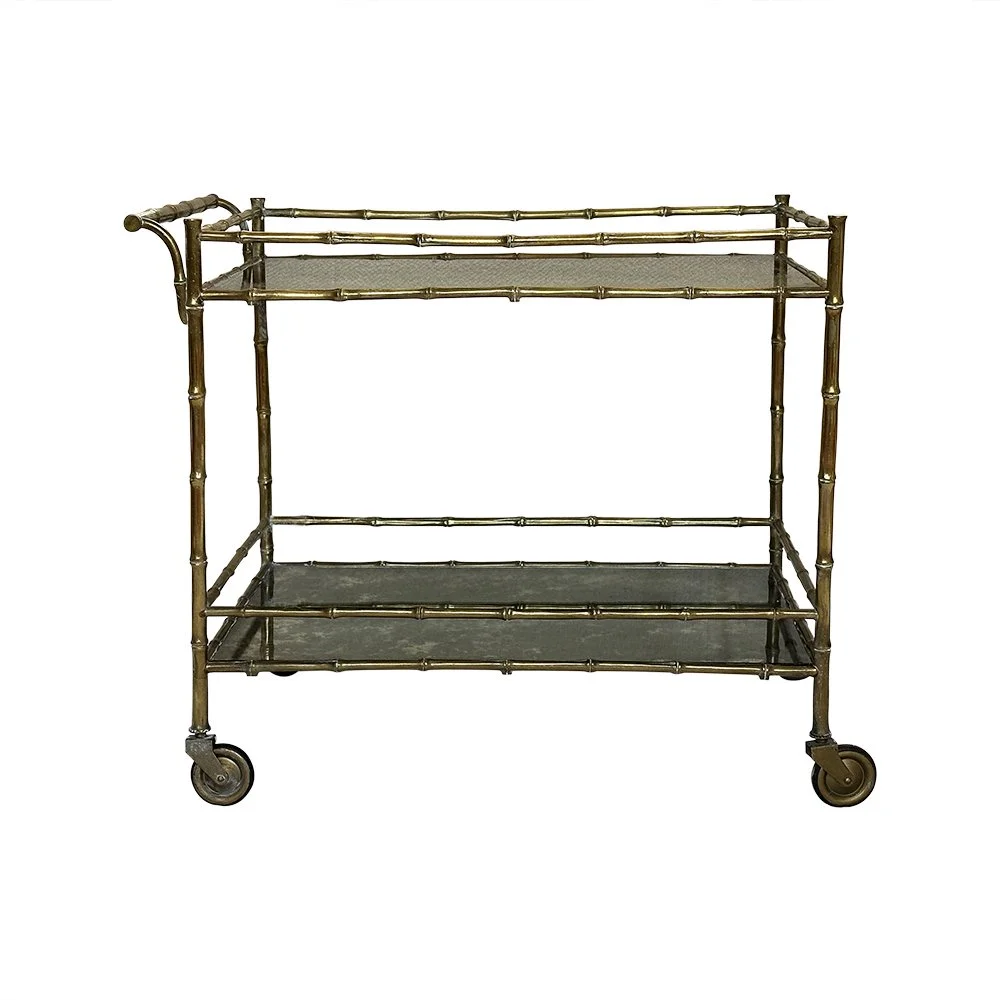 French, 1960s two tiered glass and brass faux bamboo drinks trolley