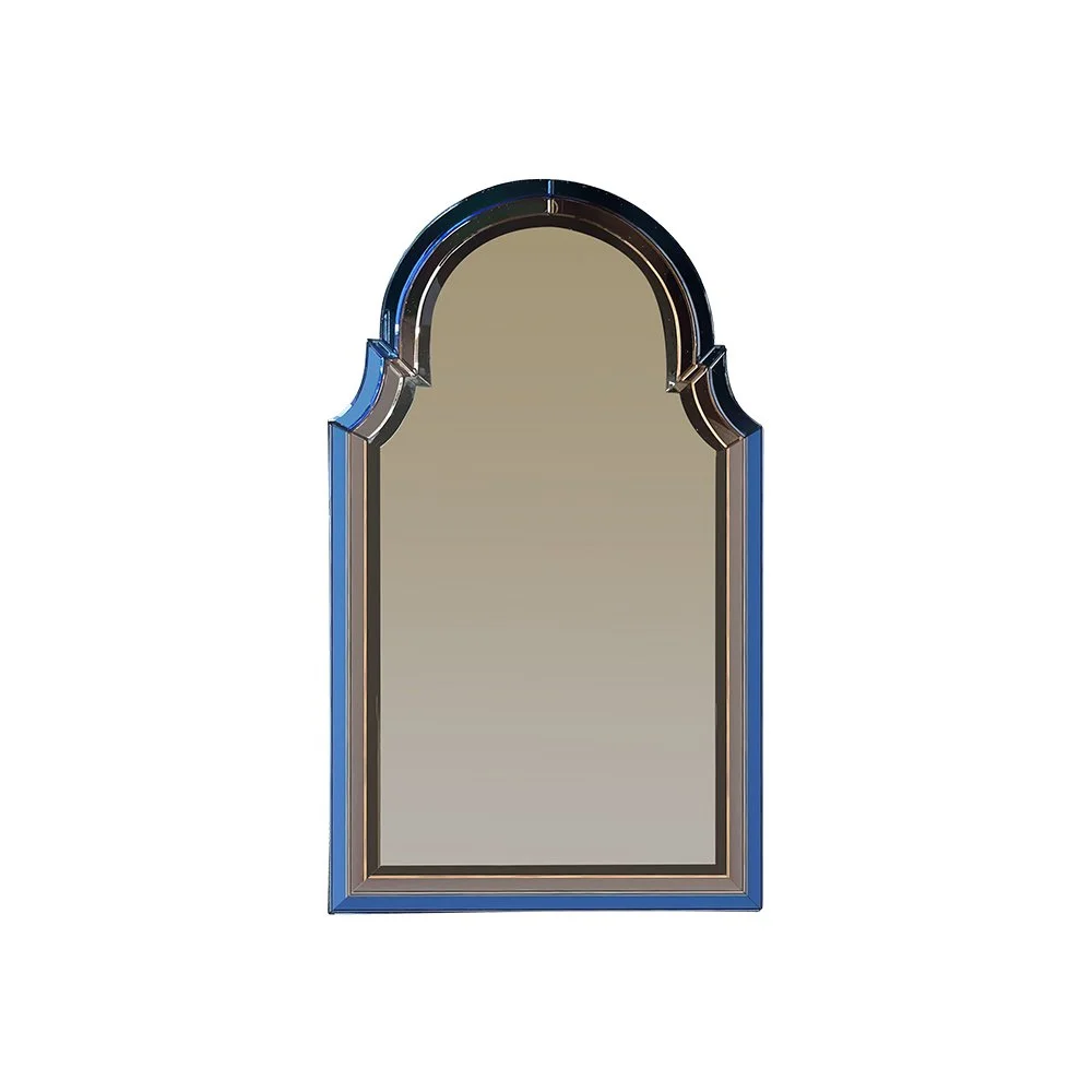 Large art deco mirror with blue and peach frame.
