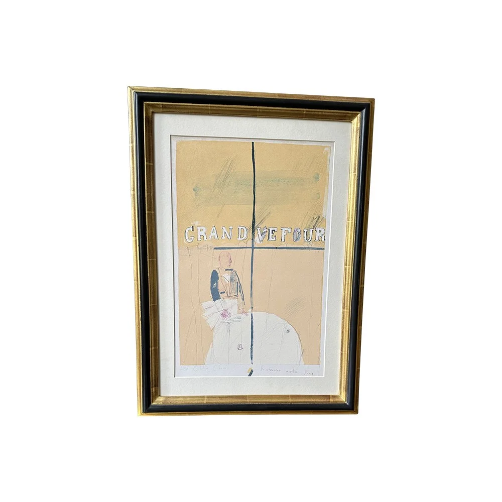 A charming limited edition signed and numbered  lithograph of a French waiter at a table through a Parisian resturant window