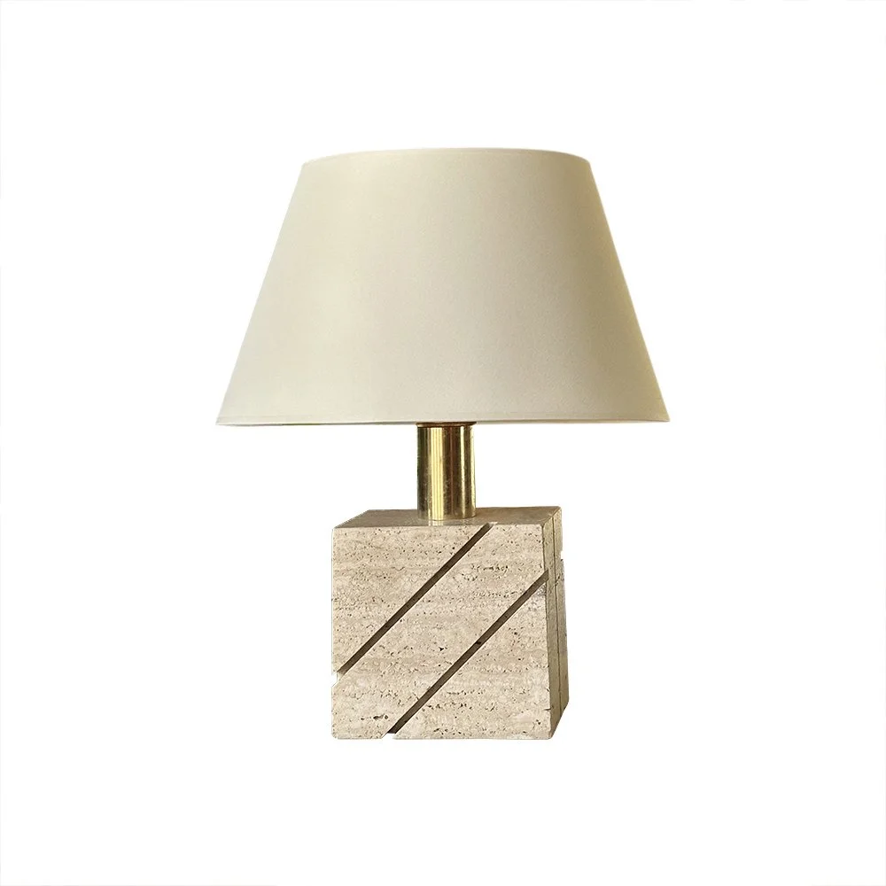 1970s Italian square travertine lamp with brass detail