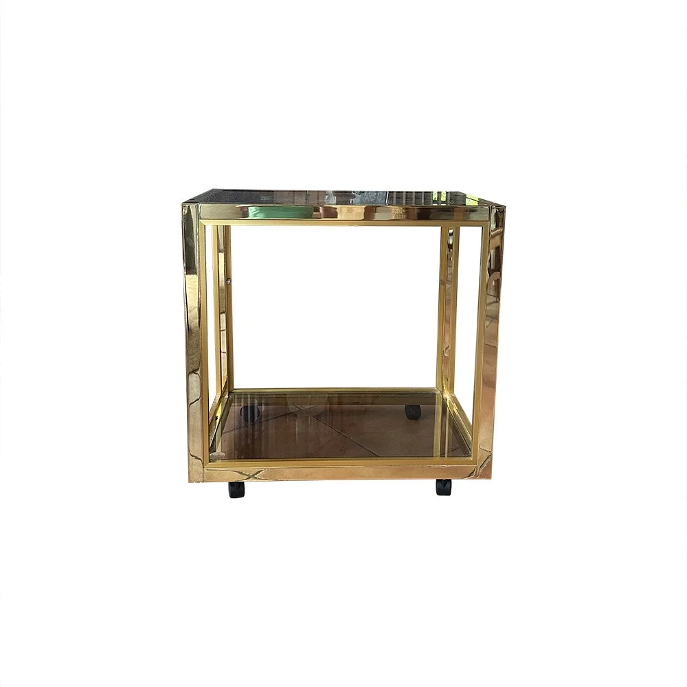 1970s Italian brass and smoked glass , rectangular drinks trolly with two original smoked glass shelves.