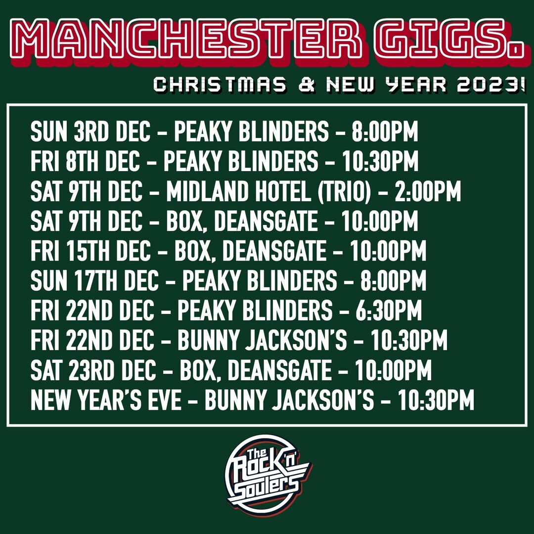 LET'S GET FESTIVE!
There's so many opportunities to come and see us this December. The usual indie and rock tunes plus your festive faves. See you there! 
#gigs #manchestergigs #manchestermusic #coversband #livemusic #xmas #christmas #nye