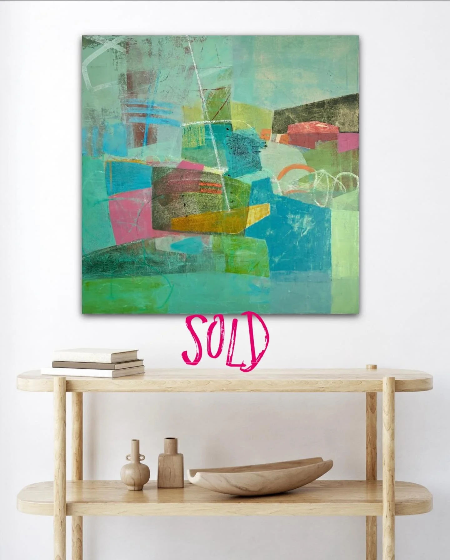 Many thanks to my newest collector for taking home &lsquo;On the Rocks&rsquo;. They are now enjoying this watery scene from a beautiful perch in their kitchen.
.
.
.
#artcollectors #dailyartmaking #abstractart #mixedmediapainting #womenwhopaintabstra