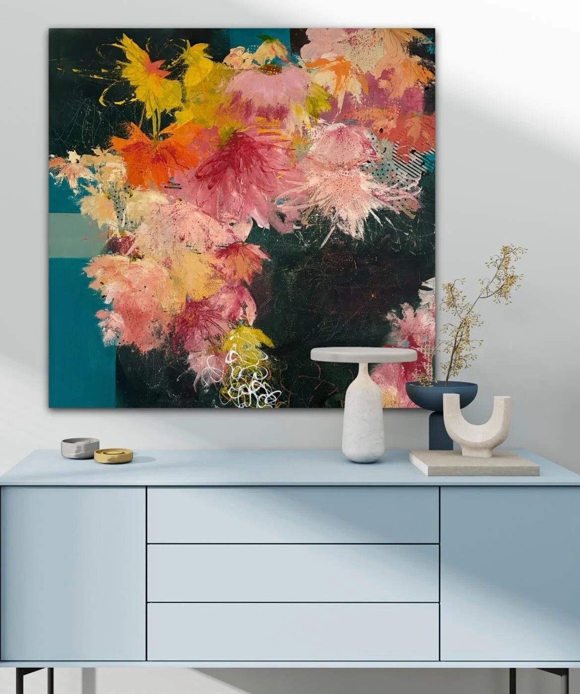 &lsquo;Summer High&rsquo;  30&rdquo; square. Can&rsquo;t resist this time of year to paint botanicals, at least my interpretation. Available and framed in maple.
.
.
.
#elizabethwayman.com#botanicalart #mixedmediacollage #flowerfloozie #bayareaartist