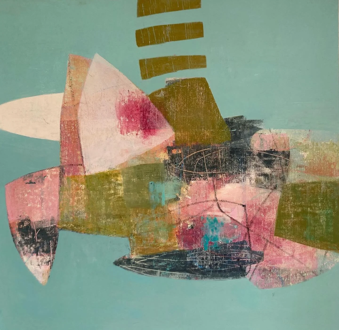 I&rsquo;m lucky enough to have a view of the bay from my studio and that sight spawned this abstracted painting of all that goes on in the bay. It just says summer to me. I lay Belgian linen over board which allows me to scrape and sand the surface a