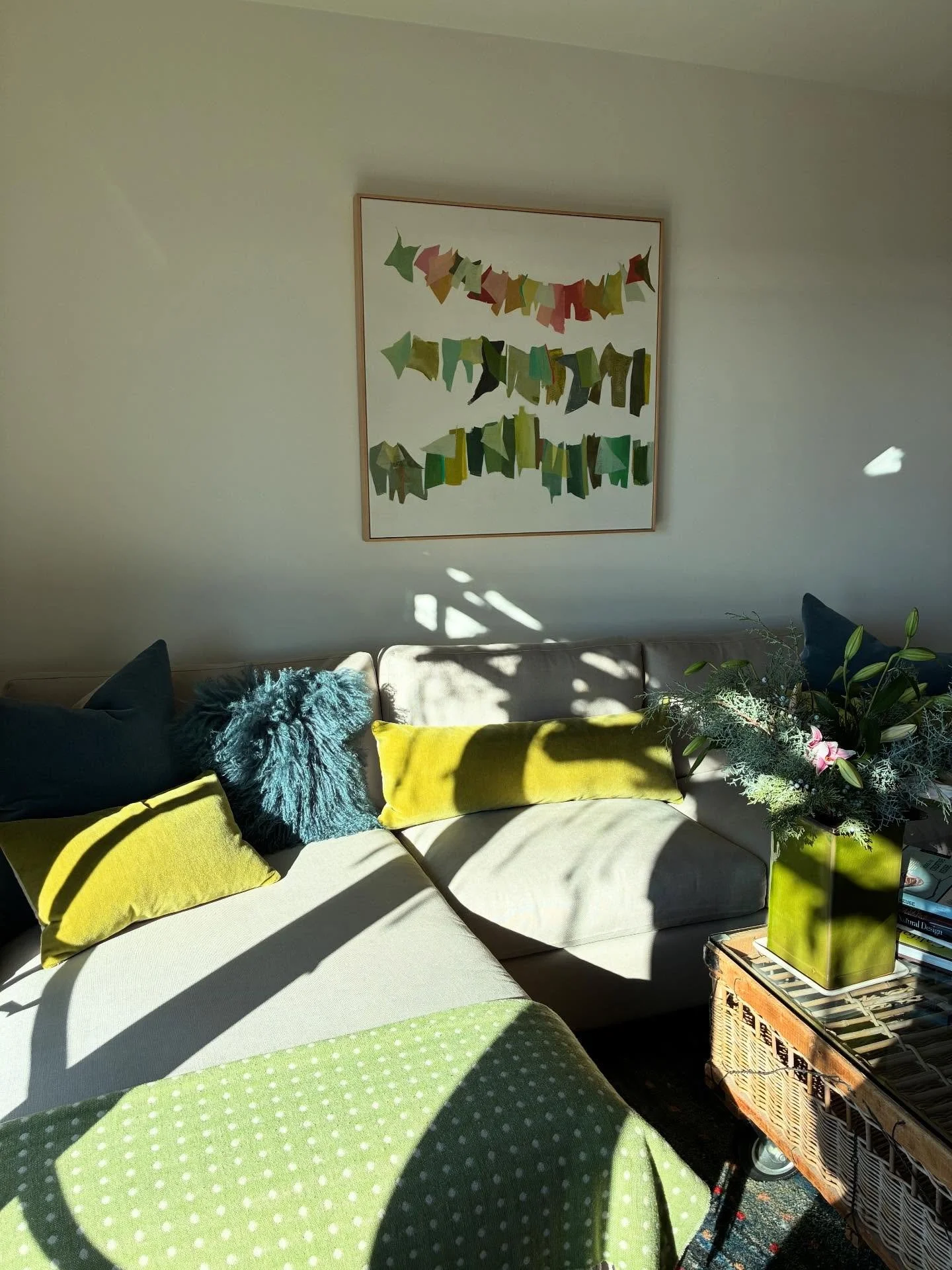 A winter&rsquo;s afternoon beautiful light on an oldie but goodie! &ldquo;Airing Out&rdquo; 36&rdquo; square.
.
.
.
#clothslinepoetry #mixedmediaartwork #abstractart #interiordesign #curator_artgallery