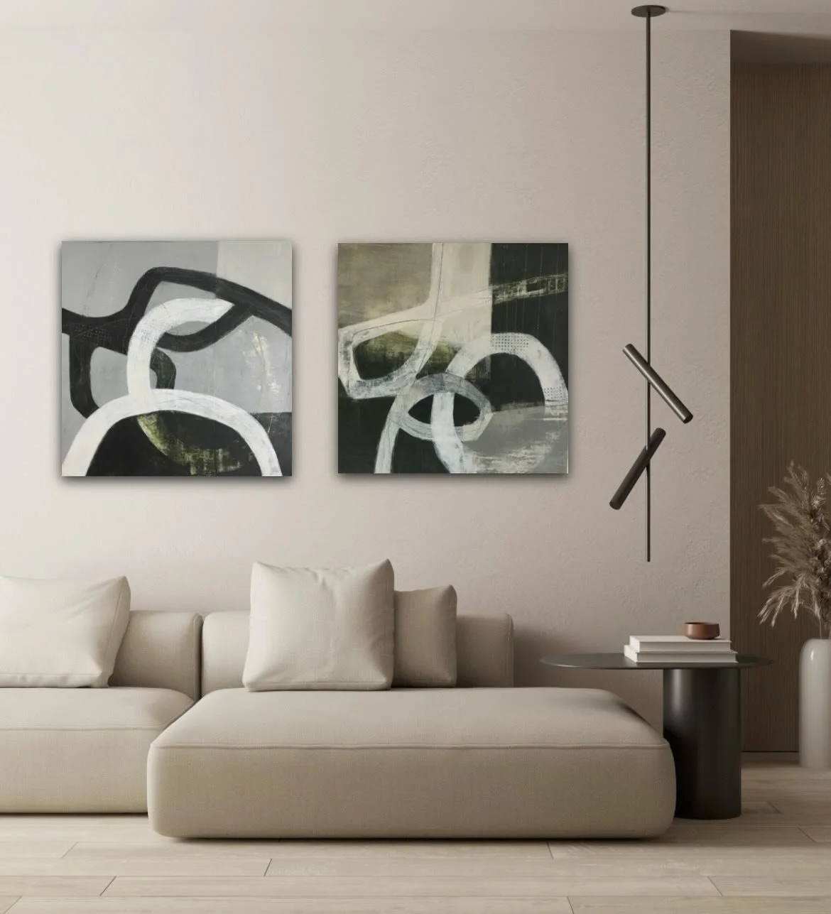 Monochromatic Monday with a touch of green for good measure! Both are 25&rdquo; squares framed. 
.
.
#monochromeabstracts #mixedmedia #bayareaartist #blackandwhiteseries #circlesdotsanddashes