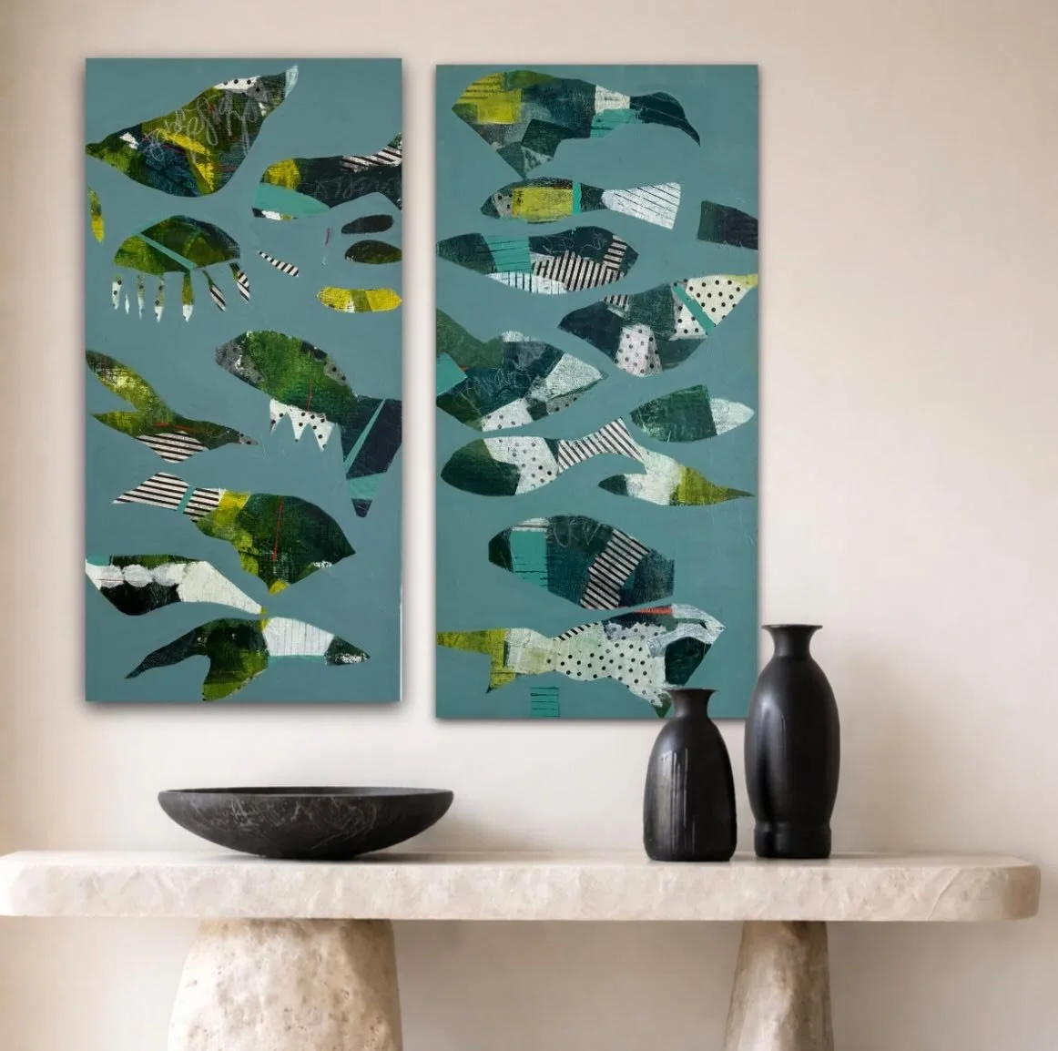 Field and Stream. Each 
12&rdquo;x24&rdquo; mixed media. This was fun&hellip; never know what will transpire!
.
.
.
#collage#imagetransfers #mixedmediaartist #bayareaartists #abstractart