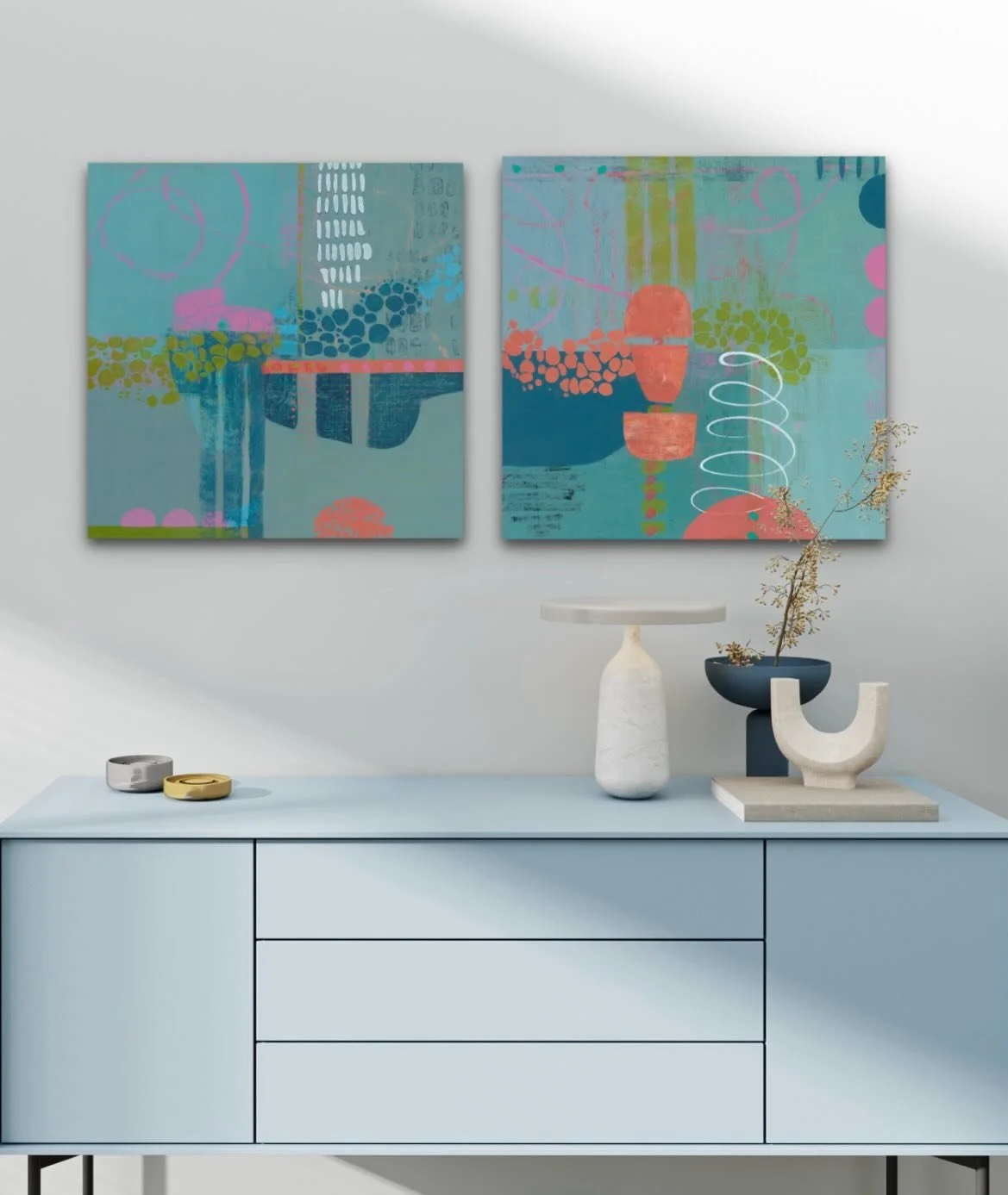It&rsquo;s a Garden Party l and ll. Linen over board 16&rdquo; squares. Just in time for summer!
.
.
.
#gardenpartyvibes #abstractartwork #artforhome #mixedmediaartwork #doitfortheprocess