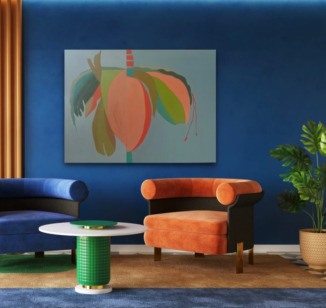 A new summer inspired botanical. &lsquo;Oasis&rsquo;  30&rdquo; x 40&rdquo; on linen. 
.
.
.
.
#botanicalpainting #mixedmediapainting #summervibes #artforhome #colorjam