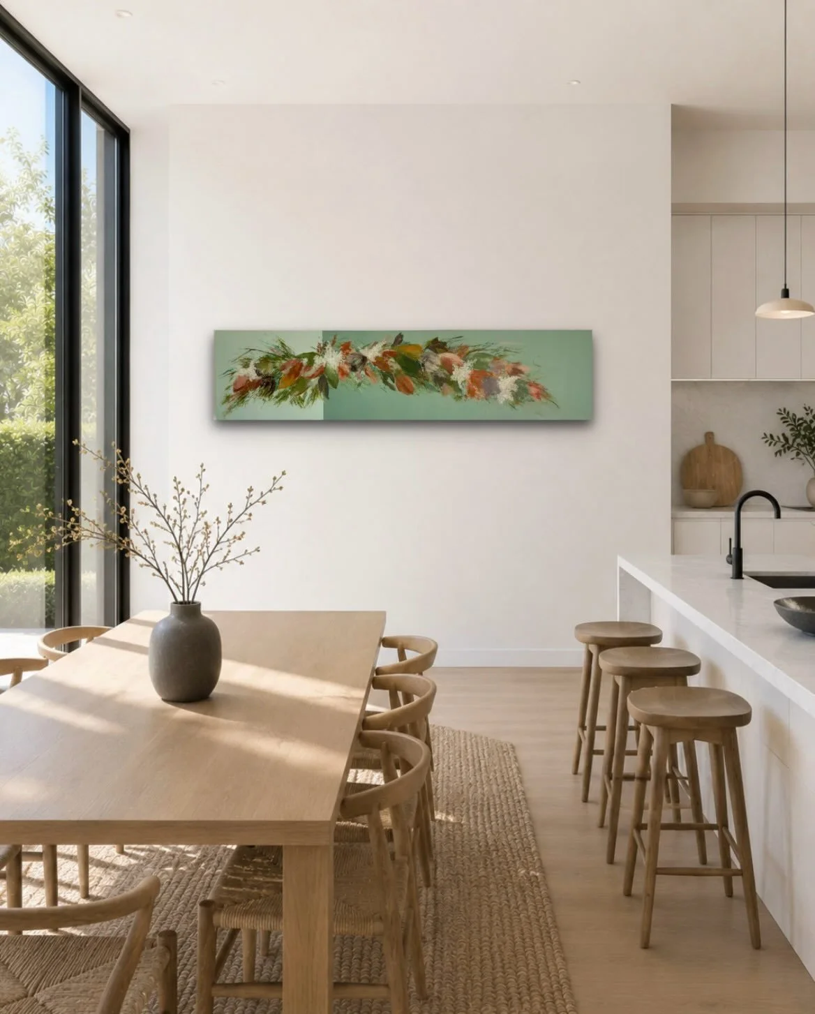 A summer botanical 12&rdquo;x 48&rdquo; A horizontal piece that works in many settings. 
.
.
.
#botanicalart #gesturalabstraction #contemporaryhomedecor #mixedmediapainting#summervibes
