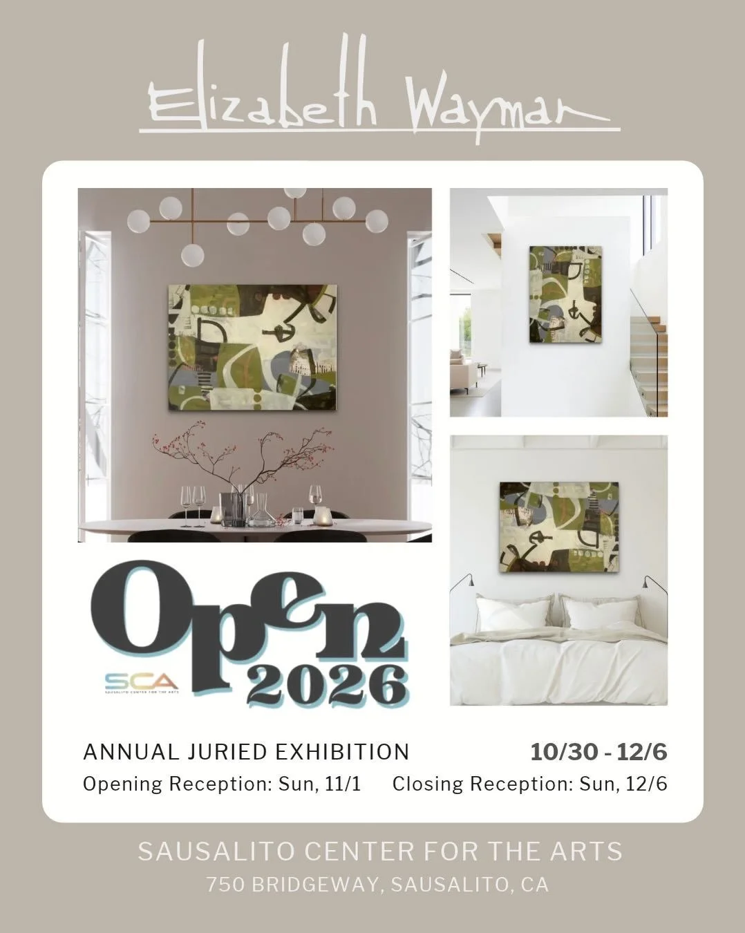 I&rsquo;m honored to be participating in the second annual juried exhibition of over 200 artists works chosen for this exhibit. @sausalito_center_for_the_arts 
.
.
.
#scaopen2026 #SCAOpen#juriedexhibition #abstractpaintings #gratutudeistheattitude