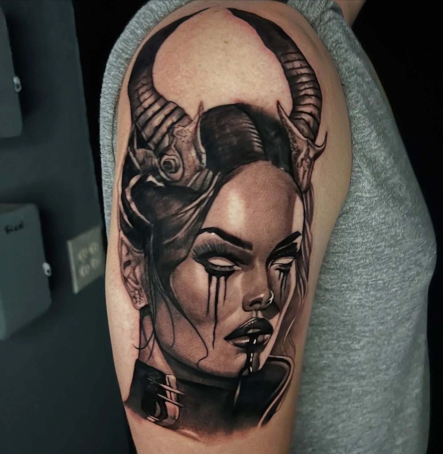 Hit up my website for appointments www.bigcheets.com  black and grey devil woman from a few months back