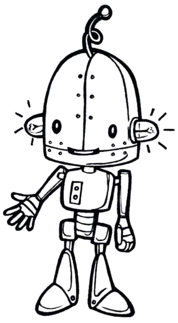 Outline drawing of a cartoon character resembling a space alien with a round head, large eyes, and antenna, wearing a spacesuit and standing with one hand waving.