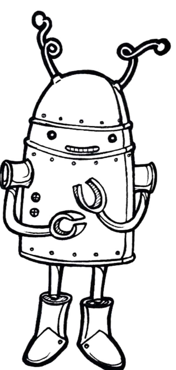 Outline drawing of a cartoon robot with antennae, a square body, and shoes.