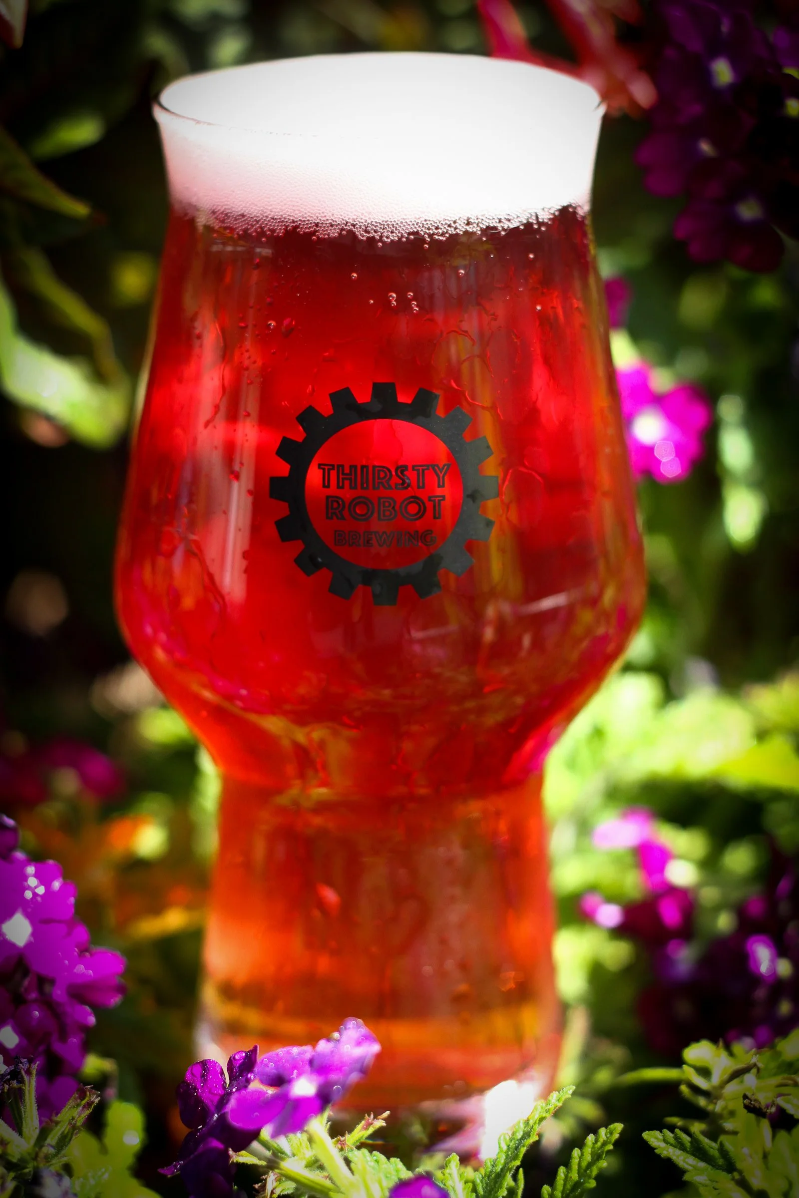 A glass of amber-colored beer with a foamy head, branded with the 'Thirsty Robot Brewing' logo, placed outdoors among purple flowers and greenery.