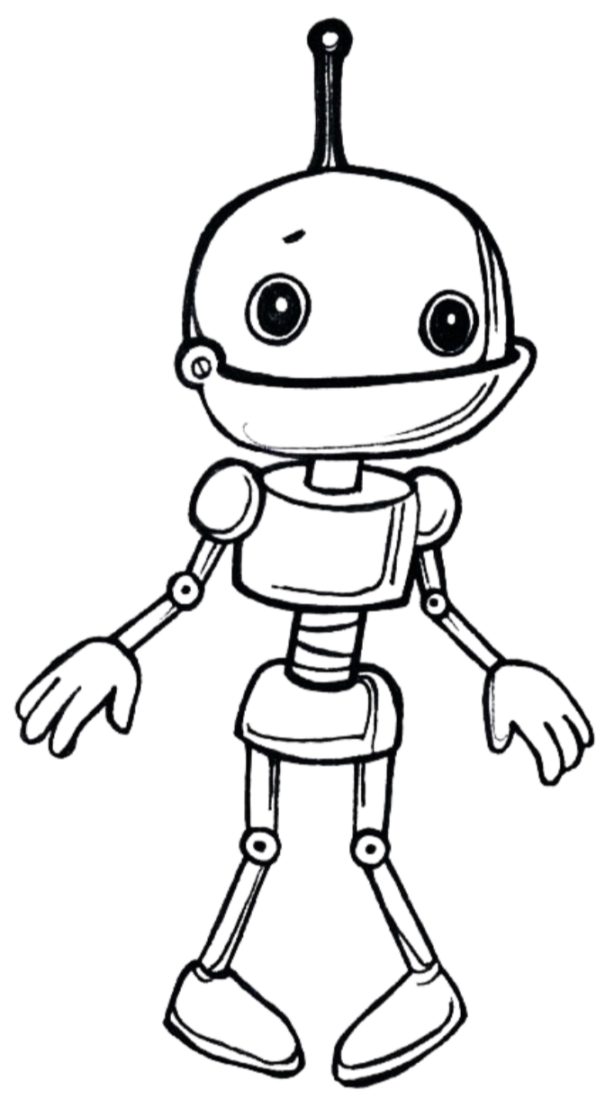 Line drawing of a cartoon robot with a large, round head and antenna, big eyes, and a smiling mouth, standing with arms outstretched.