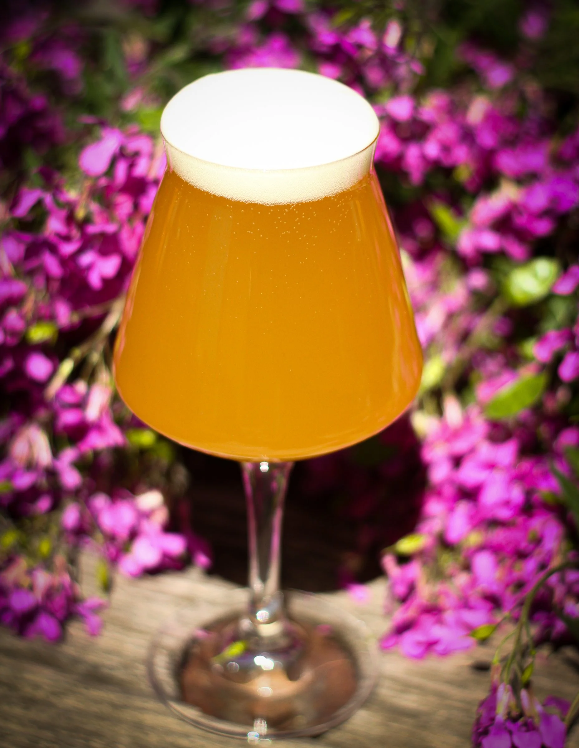 A glass of beer with frothy head on a wooden surface, surrounded by pink flowers.